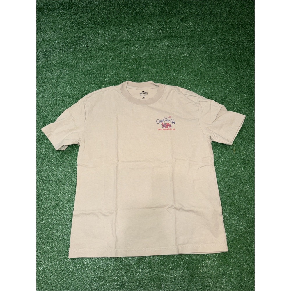 Hollister Heavyweight Boxy Fit Ocean View Men's Beige Graphic Tee Small